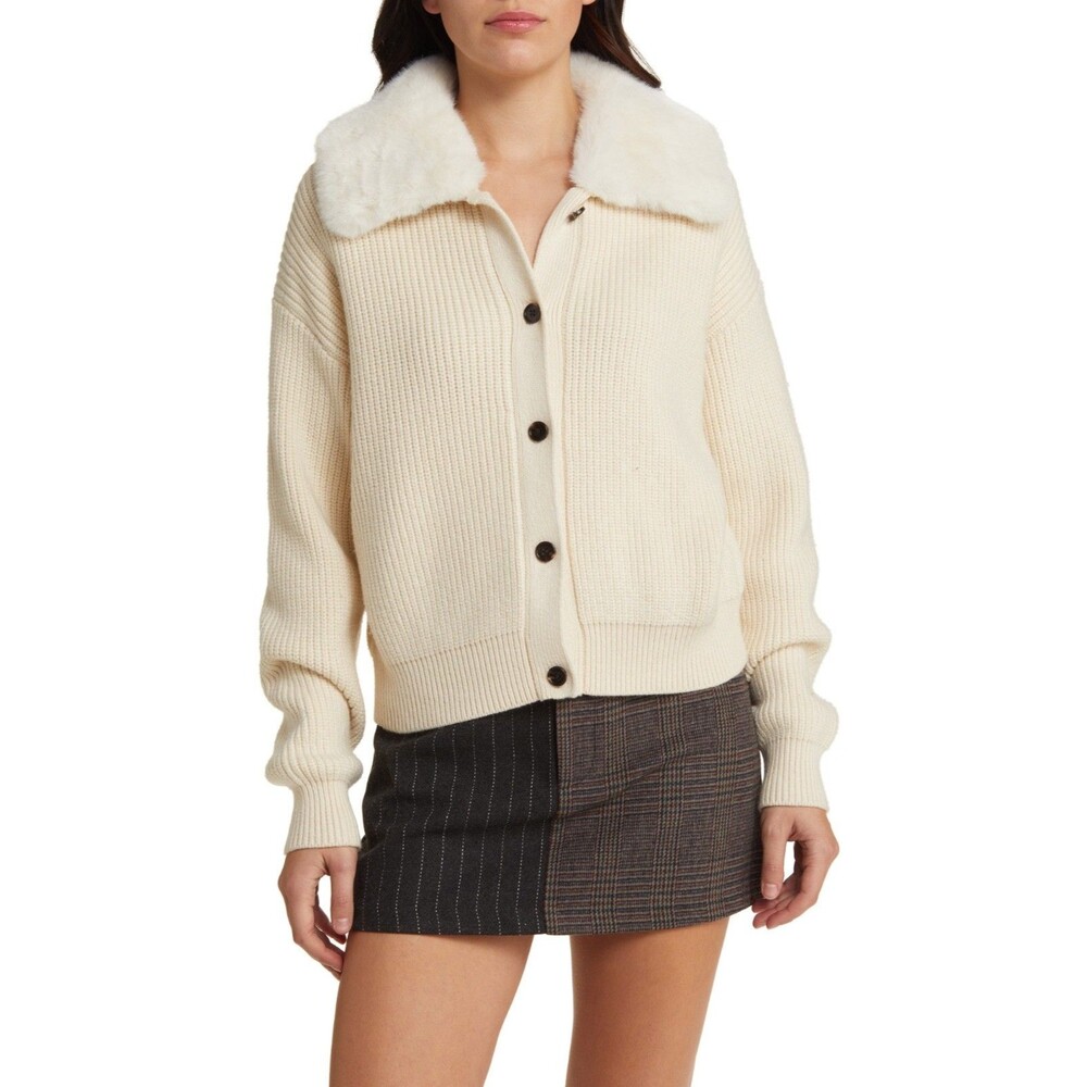Rails Esme Women’s Rib Cardigan Removable Faux Fur Collar Size S NWT Ivory